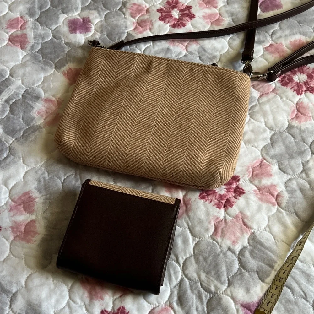 British Bag Company Tan and Brown Purse and Wallet Set Herringbone Wool NWOT